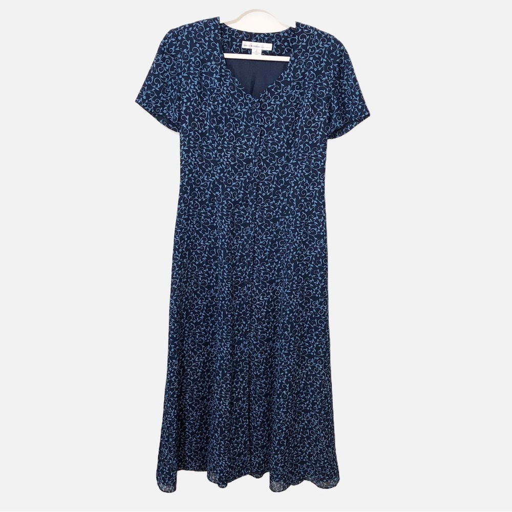 Wedding Guest Dress Size 6 Blue Floral Midi Short Sleeves Button Front 90s